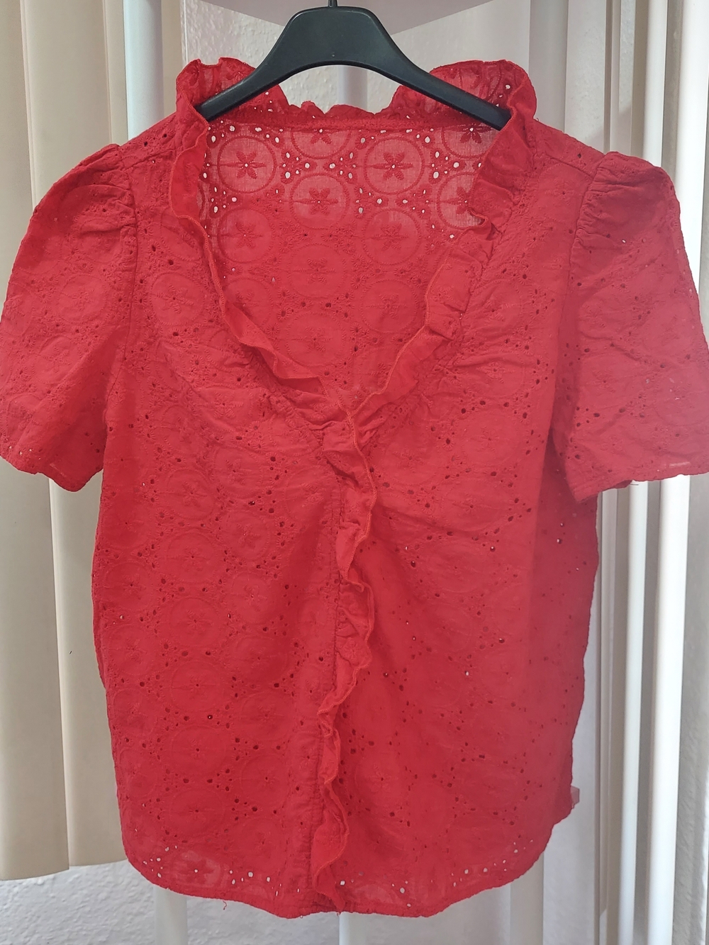 Women's Red Eyelet Ruffle-Front Short Sleeve Blouse